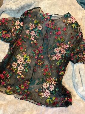 Kimchi Blue Sheer Floral Embroidered Flowy Blouse